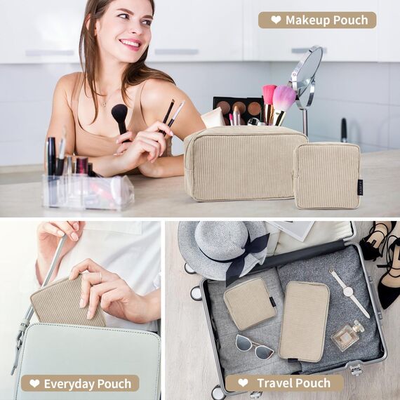 MAGEFY Kosmetiktasche Kleine Make up Tasche für Handtasche, Cord Schminktasche Damen mit Fächern Reise Makeup Tasche für Mädchen Frauen(Beige)