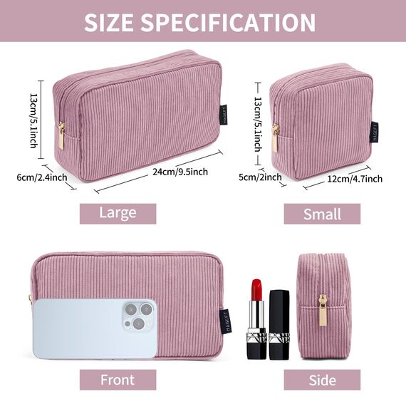 MAGEFY 2 Pcs Make up Taschen für Frauen, Kleine Kosmetiktaschen für Geldbeutel Cord Make up Pouch für Reisen Schule (Rosa)