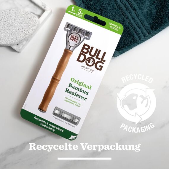 BULLDOG Original Rasierer mit Bambusgriff | Rasierer + 4 Ersatzklingen | 5-fach Klinge