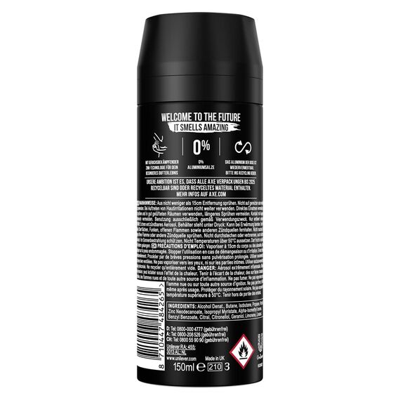 Axe Bodyspray Black Deo ohne Aluminium bekämpft geruchsbildende Bakterien und unangenehme Gerüche 150 ml 1 Stück (Packung mit 3)