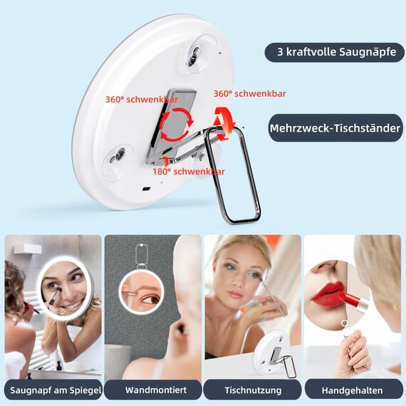 Vergrößerungsspiegel mit Licht 30X, 15cm 3 Farbe Modi Dimmen beleuchtete Make-up-Spiegel mit 30X Vergrößerung, große wiederaufladbare Reise vergrößerte Spiegel mit 3 Saugnäpfen und 360 ° Tisch Stand