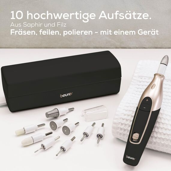 Beurer MP 84 Special Edition Maniküre-/Pediküreset, elektrische Nagelfeile mit Akku, 10 Aufsätze, LED-Licht, inkl. Aufbewahrungsetui, bis zu 4400 U/min, Nagelfräser zur Hand- und Fußpflege, schwarz