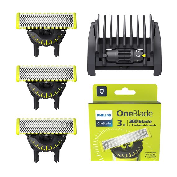 Philips OneBlade 360 Klingen - 3x 360-Ersatzklingen, 1x einstellbarer 5-in-1-Kammaufsatz zum Trimmen, Stylen und Rasieren, QP437/50