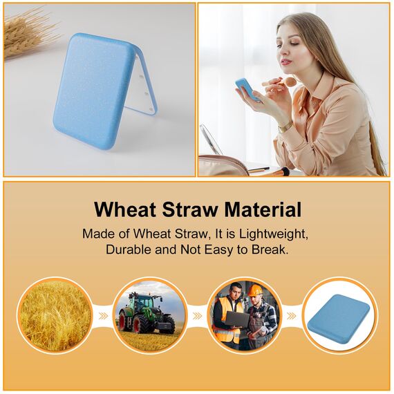 Kintion Weizenstrohspiegel, Taschenspiegel, 1X/3-fache Vergrößerung, beleuchteter Kunststofffaserspiegel, Faltbarer Taschenspiegel, Handheld-Reisespiegel, Kleiner beleuchteter Kompaktspiegel, Blau