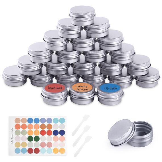 Flintronic 24 Stück Döschen, 5ml Aluminium Leer Döschen, Cremedose Leer mit Kleiner Löffel und Etikett, Reise Töpfchen Döschen Set für Mini-Kerzen Kosmetik