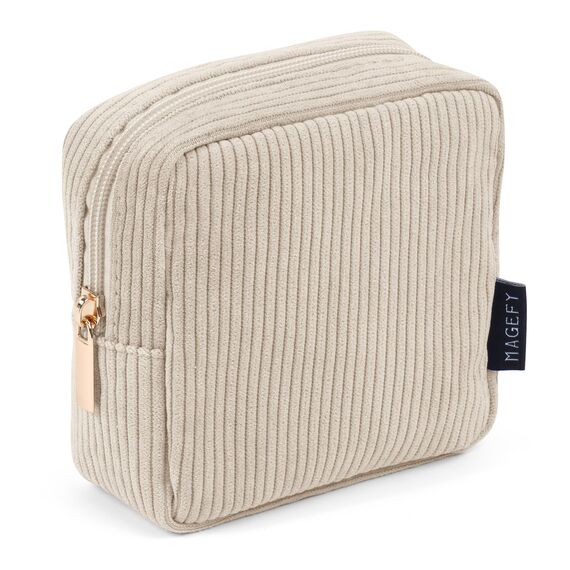 MAGEFY Kleine Make up Tasche für Handtasche Mini Kosmetiktasche Cord Make up Tasche für Frauen mit Fächern (Beige)