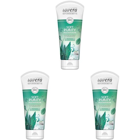 lavera Soft Purity Pflegedusche - Duschgel mit Bio-Alge & Bio-Wasserminze - natürliche Antioxidantien - reinigt gründlich - Naturkosmetik - vegan - Bio (1 x 200 ml) (Packung mit 3)