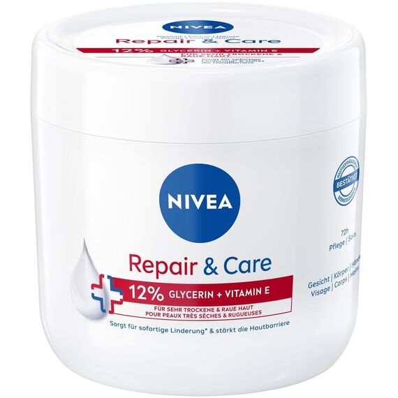 NIVEA Repair & Care Creme, feuchtigkeitsspendende & nicht fettende Körpercreme, schnell einziehende Lotion mit Vitamin E & Glycerin, Handlotion für sehr trockene & raue Haut (400 ml)