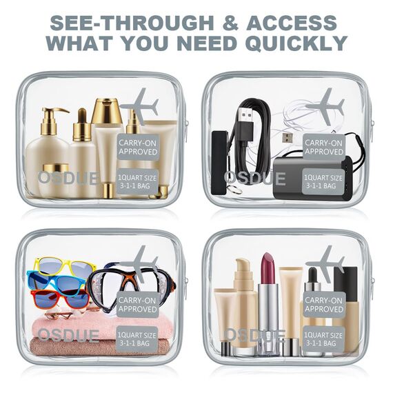 OSDUE 2 Stück Kulturbeutel Transparent, Flugzeug PVC Kosmetiktasche Wasserdicht, Handgepäck-Reisezubehör, Kulturtaschen für Männer, Frauen, Kinder, Familie (Grau)