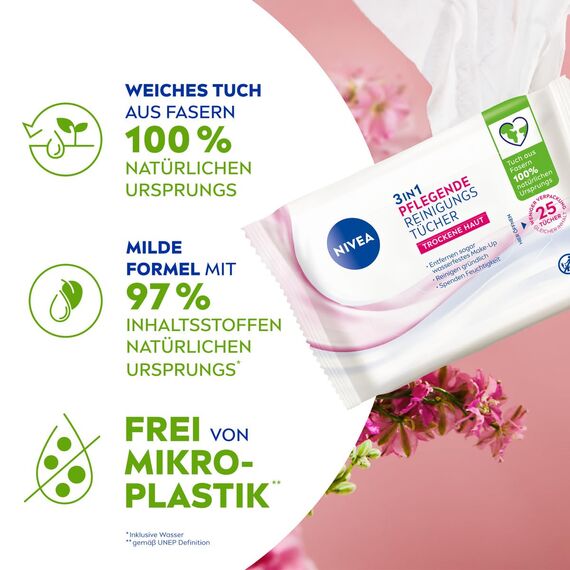 NIVEA 3in1 Pflegende Reinigungstücher Trockene Haut (25 Stück), milde Gesichtsreinigungstücher mit natürlichem Mandelöl, Abschminktücher für Make-Up & wasserfeste Mascara