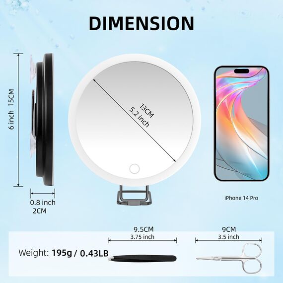 10x Vergrößerungsspiegel mit Licht 10fach, 15cm groß, 3 Farben, dimmbar, beleuchtet, 10x Reisevergrößerungsspiegel mit Saugnäpfen und Tischständer, Makeup-Spiegel Schminkspiegel mit hoher Vergrößerung