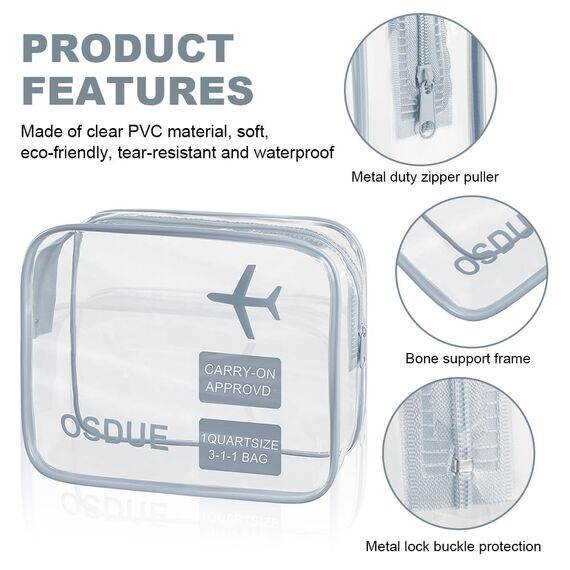 OSDUE 2 Stück Kulturbeutel Transparent, Flugzeug PVC Kosmetiktasche Wasserdicht, Handgepäck-Reisezubehör, Kulturtaschen für Männer, Frauen, Kinder, Familie (Grau)