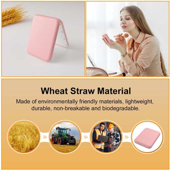 Kintion Weizenstrohspiegel, Taschenspiegel, 1X/3-fache Vergrößerung, beleuchteter Kunststofffaserspiegel, Faltbarer Taschenspiegel, Handheld-Reisespiegel, Kleiner beleuchteter Kompaktspiegel, Rosa