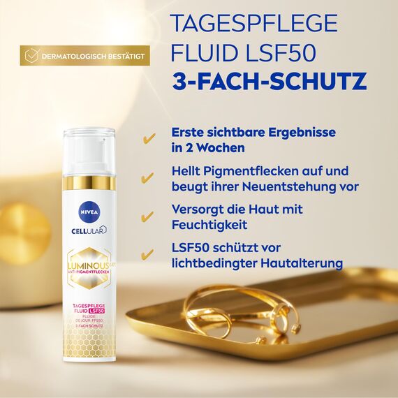 NIVEA Cellular LUMINOUS630® Anti-Pigmentflecken Tagespflege Fluid (40 ml), mattierende Gesichtspflege mit LSF 50 und Vitamin E, Fluid mit 3-fach Schutz für ein ebenmäßiges Hautbild