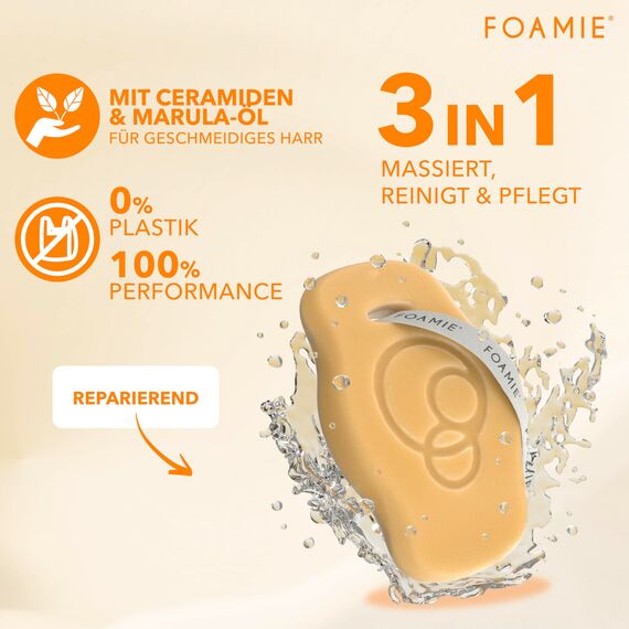 Foamie Festes Shampoo Repair, Haar-Shampoo für geschädigtes Haar mit Ceramide & Marula-Öl - Anti-Frizz, Haarpflege repariert & schützt, vereint Wissenschaft & Natur für gesundes Haar, 80g