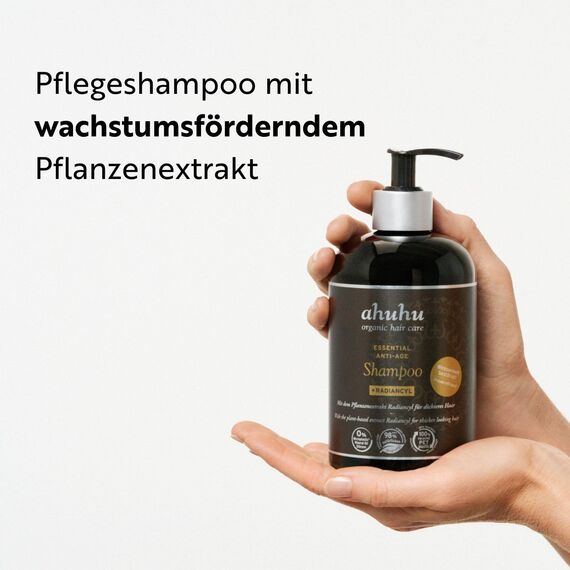 ahuhu ESSENTIAL ANTI-AGE Shampoo (500 ml) – Haarshampoo mit Radiancyl & Pfefferminz-Extrakt, reduziert Haarausfall, fördert Haardichte & Volumen, silikonfrei, für Damen & Herren, vegane Haarpflege