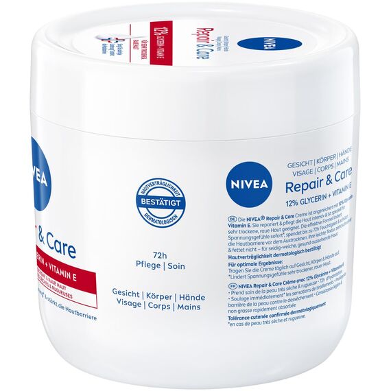 NIVEA Repair & Care Creme, feuchtigkeitsspendende & nicht fettende Körpercreme, schnell einziehende Lotion mit Vitamin E & Glycerin, Handlotion für sehr trockene & raue Haut (400 ml)