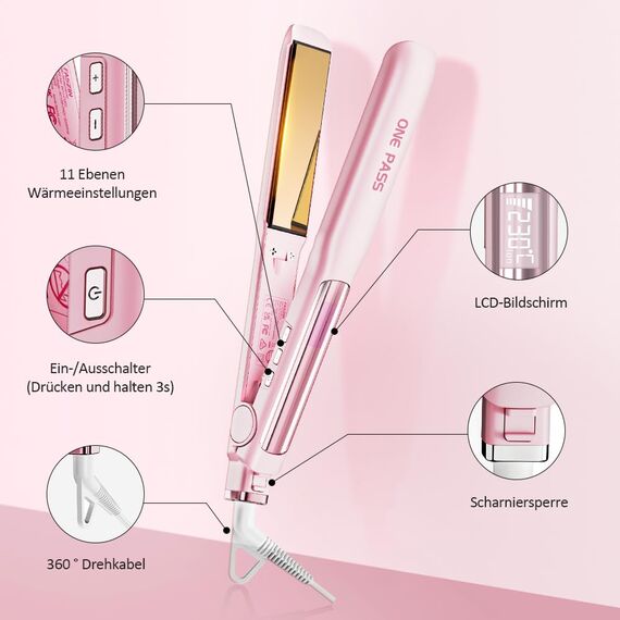 Faszin 2 in 1 Glätteisen Locken und Glätten, 20s Schnellaufheizung, Titanplatten Ionen Haarglätter für einen glatten Stil, 3D-Schwebepanel verhindert Haarziehen, mit LCD-Display, 130°C-230°C - Rosa