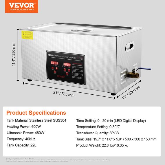 VEVOR Ultraschallreiniger Ultraschall Edelstahl-Reinigungsgerät 480 W, 22 L Ultraschallreinigungsgerät mit digitaler Anzeige 0-30 Min, Reinigung Ultraschall für Schmuck, Brillen, Uhren usw.
