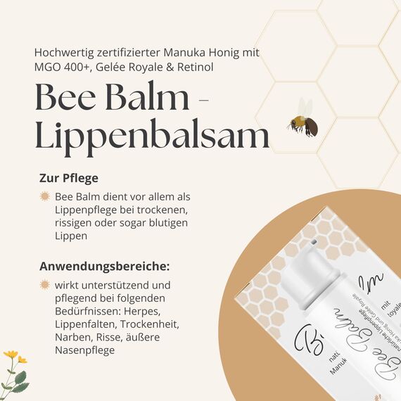 bedrop BeeBalm Lippenpflege Lippenbalsam im Pump-Spender mit Manuka Honig, Gelée Royale, Retinol - feuchtigkeitsspendend, Anti-Aging für Lippen & Nase 100% natürlich, 6ml