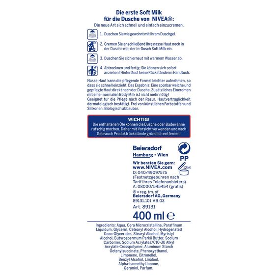 NIVEA In-Dusch Soft Milk (400 ml), Körpercreme mit Shea Butter und wasseraktivierter 5in1 Pflege Formel, feuchtigkeitsspendende Body Lotion für die Dusche (Packung mit 2)