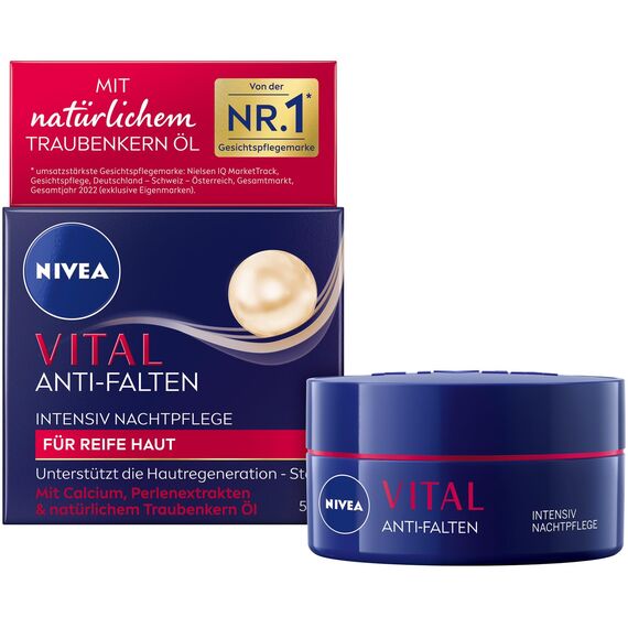 NIVEA VITAL Anti-Falten Intensiv Nachtpflege für reife Haut, Gesichtspflege mit Calcium, Perlenextrakten & natürlichem Traubenkern Öl, Nachtcreme zur Unterstützung der Hautregeneration (50 ml)