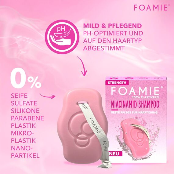 Foamie Festes Shampoo STRENGTH mit Niacinamid, Shampoo Volumen für Feines & Dünnes Haar, Niacin & Reisextrakte für intensiven Schutz & Kräftigung, 80g