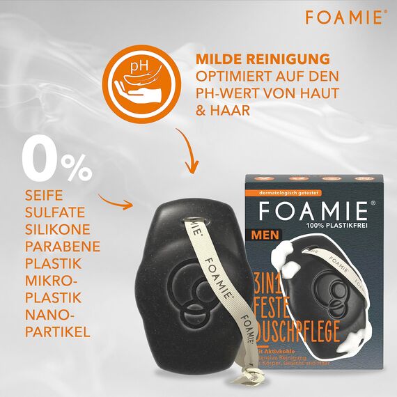 Foamie Festes Duschgel & Shampoo Männer mit Aktivkohle und Rosenholz, 3in1 Feste Dusche und Gesichtsreinigung kraftvoll holziger Duft, Duschpflege für Haut und Haar, 90g (Packung mit 2)
