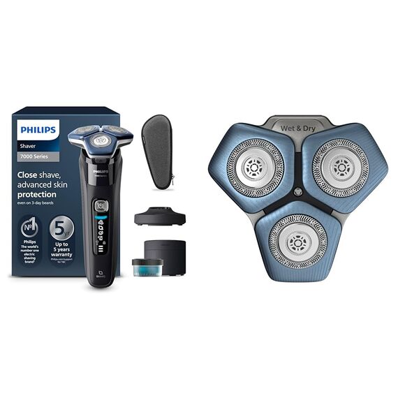 Set aus PHILIPS Shaver Series 7000 – Elektrischer Nass- und Trockenrasierer für Herren (Modell S7886/55) + Philips Ersatzscherkopf für Series 7000 & 5000 (Modell SH71/50)