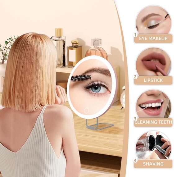 10x Vergrößerungsspiegel mit Licht 10fach, 15cm groß, 3 Farben, dimmbar, beleuchtet, 10x Reisevergrößerungsspiegel mit Saugnäpfen und Tischständer, Makeup-Spiegel Schminkspiegel mit hoher Vergrößerung