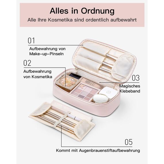 Vlando Reise Kosmetiktasche Klein, Make Up Tasche Damen, Tragbare Cosmetic Bag Organizer, Multifunktionale Schminktasche Damen aus wasserdichte Leder,Beige