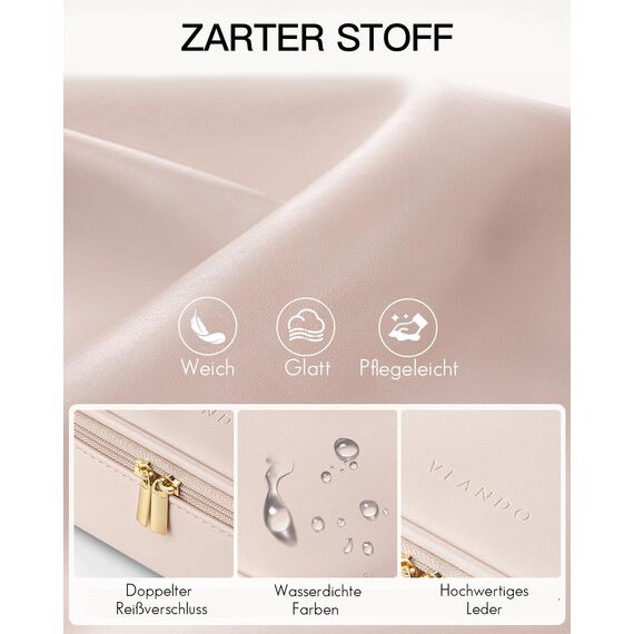 Vlando Reise Kosmetiktasche Klein, Make Up Tasche Damen, Tragbare Cosmetic Bag Organizer, Multifunktionale Schminktasche Damen aus wasserdichte Leder,Beige