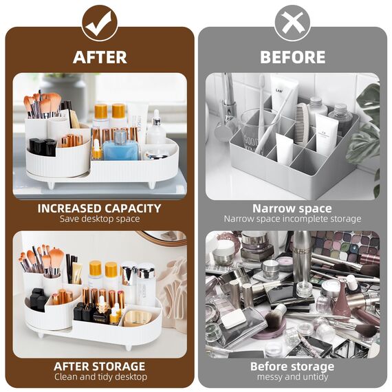 Cinnani Make Up Kosmetik Organizer, 360°Drehbarer Beauty Organizer, Multifunktionale Kosmetikaufbewahrung für Frisiertisch, Bad und Schlafzimmer - Weiß