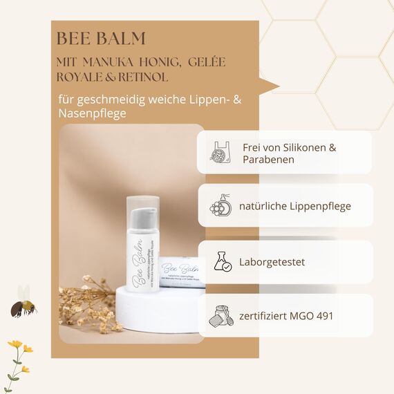 bedrop BeeBalm Lippenpflege Lippenbalsam im Pump-Spender mit Manuka Honig, Gelée Royale, Retinol - feuchtigkeitsspendend, Anti-Aging für Lippen & Nase 100% natürlich, 6ml (3x 6ml im Sparset)