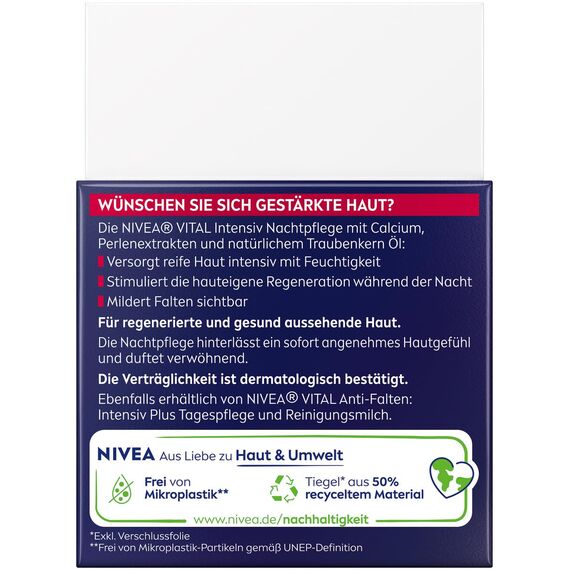 NIVEA VITAL Anti-Falten Intensiv Nachtpflege für reife Haut, Gesichtspflege mit Calcium, Perlenextrakten & natürlichem Traubenkern Öl, Nachtcreme zur Unterstützung der Hautregeneration (50 ml)