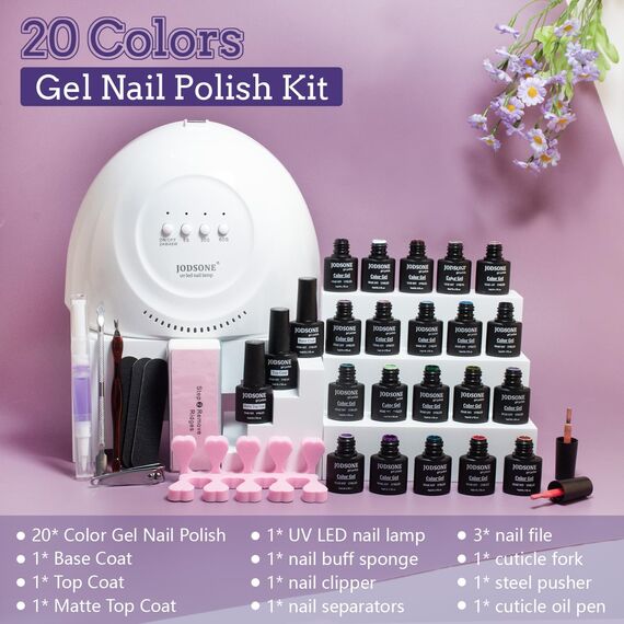 JODSONE UV Gel-Nagellack-Set in 20 Farben mit UV-Licht, Basis- und Decklack, matt, hochglänzend, leuchtendes Nagelgel, ausgestattet mit Maniküre-Werkzeugen…