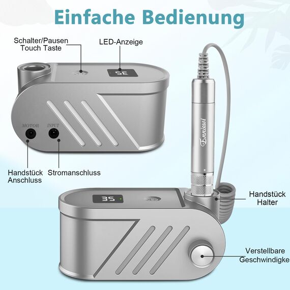 Enniewi Nagelfräser - Elektrische Nagelfeile Maniküre Pediküre Set , Nagelfräser Maniküre, Fräser für Gelnägel und Acrylnägel, 35000U/M, Set mit 6 Fräsen, Grau