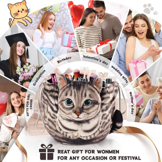 Katzen Kosmetiktasche Kordelzug,Schminktasche Groß,Tragbare Make up Organizer Tasche,Reise Aufbewahrungstasche,Geschenke FüR Katzenliebhaber