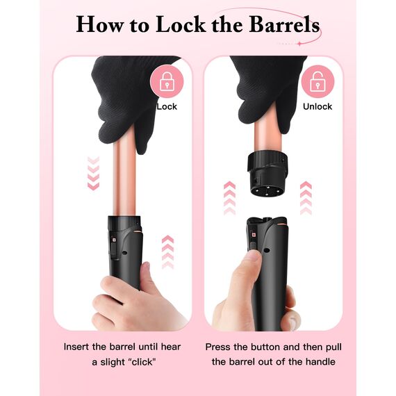 BESTOPE PRO Lockenstab Lockenstäbe 3 Fässer Welleneisen 5 in 1– Lockenstab Set 3 Fässer für großer Wellen, Temperatureinstellung, Schnellaufheizung und einem Handschuh, 2 Clips, Roségold