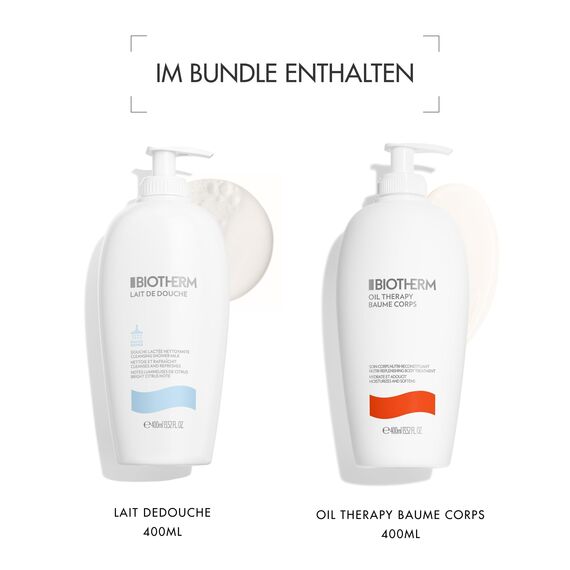 Biotherm Lait De Douche Duschgel, erfrischendes Duschgel, belebende Duschlotion, 400 ml + Biotherm Oil Therapy Baume Corps Bodylotion, Körperlotion speziell für raue und trockene Haut, 400 ml