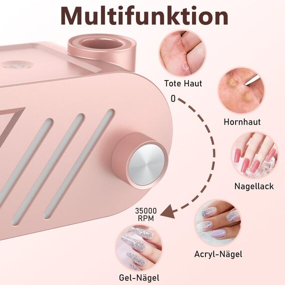 Enniewi Nagelfräser - Elektrische Nagelfeile Maniküre Pediküre Set , Nagelfräser Maniküre, Fräser für Gelnägel und Acrylnägel, 35000U/M, Set mit 6 Fräsen, Rose