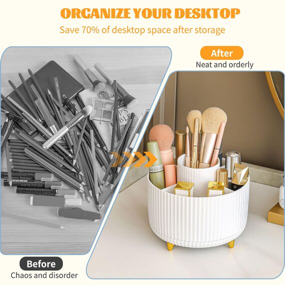 360° Drehbar Make up Organizer, Pinselhalter Kosmetik Aufbewahrung mit 5 Fächern, Aesthetic Schminktisch Organizers für Zimmer Decor Frisiertisch, Schlafzimmer,Badezimmer Organisation (Weiß)