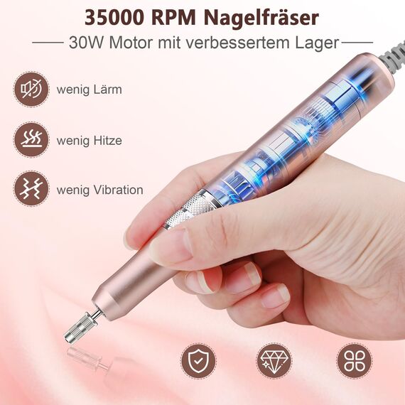 Enniewi Nagelfräser - Elektrische Nagelfeile Maniküre Pediküre Set , Nagelfräser Maniküre, Fräser für Gelnägel und Acrylnägel, 35000U/M, Set mit 6 Fräsen, Rose