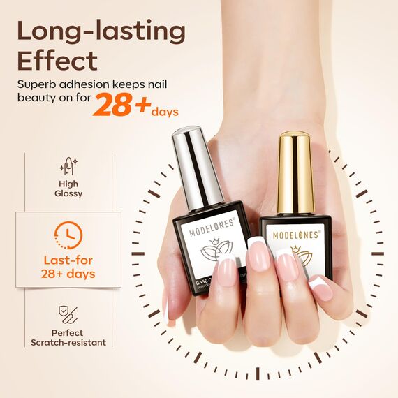 Modelones Base Coat Top Coat UV Nagellack Set, 2 * 15ml No Wipe Top Coat Gel UV Soak-Off UV/LED Gel Nagellack Unterlack & Überlack für Gelnägel Nail Art Maniküre Nageldesign