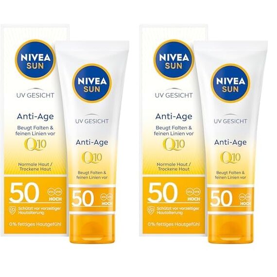 NIVEA SUN UV Gesicht Anti-Age Sonnenschutz Q10 mit LSF 50 (50 ml), feuchtigkeitsspendende Gesichtssonnencreme, Anti-Falten Sonnencreme mit Schutz vor UVA-/ UVB-Strahlung (Packung mit 2)