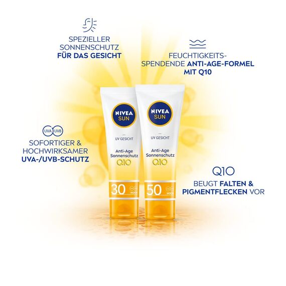 NIVEA SUN UV Gesicht Anti-Age Sonnenschutz Q10 mit LSF 50 (50 ml), feuchtigkeitsspendende Gesichtssonnencreme, Anti-Falten Sonnencreme mit Schutz vor UVA-/ UVB-Strahlung (Packung mit 2)