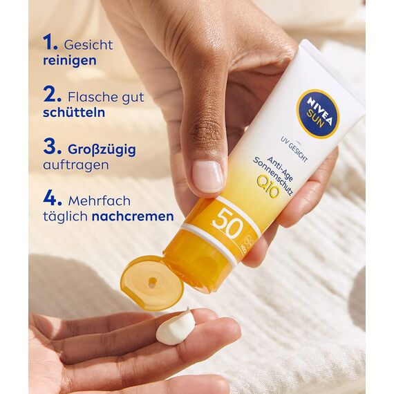 NIVEA SUN UV Gesicht Anti-Age Sonnenschutz Q10 mit LSF 50 (50 ml), feuchtigkeitsspendende Gesichtssonnencreme, Anti-Falten Sonnencreme mit Schutz vor UVA-/ UVB-Strahlung (Packung mit 2)