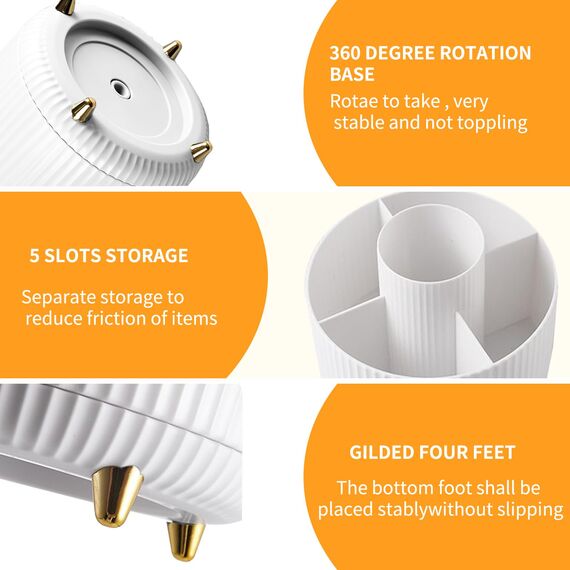 360° Drehbar Make up Organizer, Pinselhalter Kosmetik Aufbewahrung mit 5 Fächern, Aesthetic Schminktisch Organizers für Zimmer Decor Frisiertisch, Schlafzimmer,Badezimmer Organisation (Weiß)