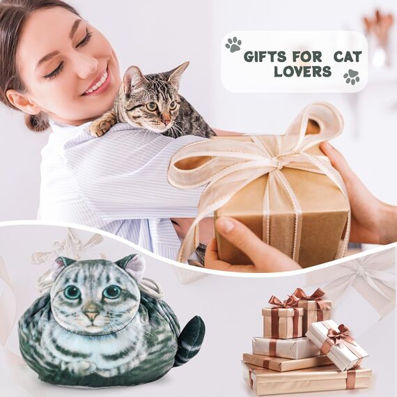 Kosmetiktasche mit Kordelzug für Katzenliebhaber - Flachliegende Reise-Kosmetiktasche für Damen und Mädchen (Graue-001)