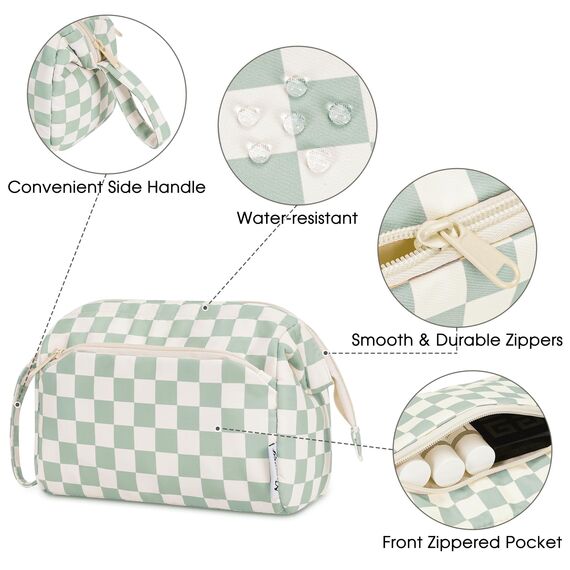 Narwey Kulturtasche Damen Kulturbeutel Kosmetiktasche Schminktasche Reise Make-up-Tasche mit Weit Offener Tasche für Damen Frauen (Gitter Minzgrün)